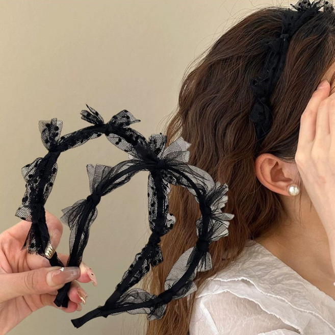 ZMBIRD 망사 레이스 리본 헤어밴드 여성용 도트 머리띠 2종세트 H4772