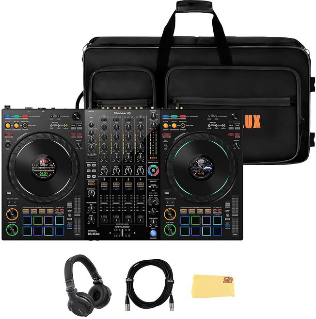 선구적인 DJ DDJ FLX4 2채널 컨트롤러 헤드폰 오스틴 바자 노트북 스탠드 포함된 광택 블랙 번들 천이, Bundle w/ Case, DDJFLX4