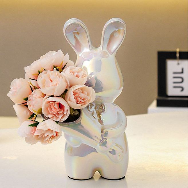 티쯔 토끼 꽃다발 크롬 화병 꽃조화 포함 꽃병 화이트