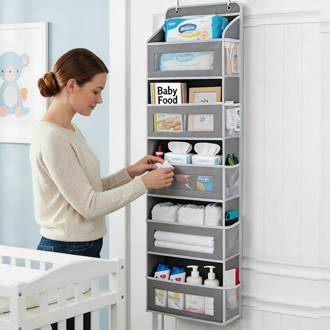 YOPENCE다용도 패브릭 문걸이 수납 선반 수건 정리함 5단 틈새 문뒤 수납장, 연한 회색, 1개