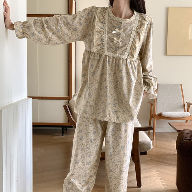 어나더뷰 2182 [2타입] 글라스 리본 플라워 파자마 상하세트 원피스 홈드레스 셔링 레이스 우정 홈웨어 잠옷