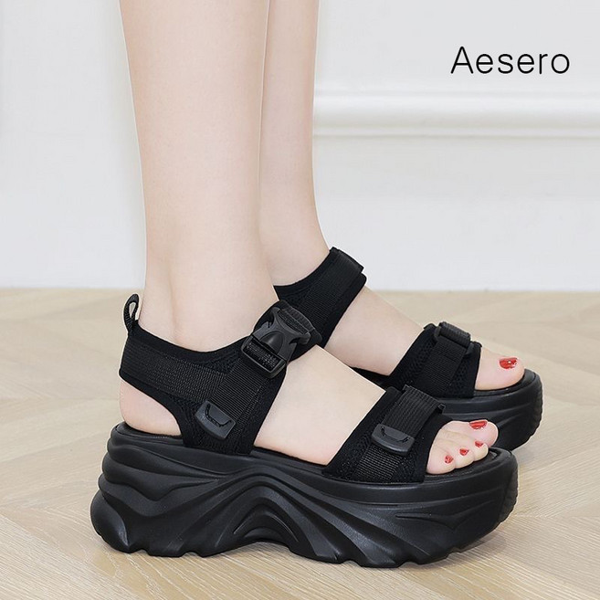 Aesero 여성 여름 비치 샌들 발편한 쿠션 통굽 스트랩 샌들 슬리퍼 5cm