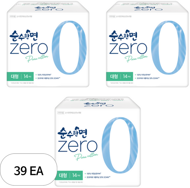 순수한면 제로 생리대 날개형, 대형, 14개입, 39개