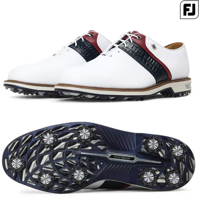 풋조이 남성 골프화 프리미어 패커드 스파이크 골프 신발 소 가죽 화이트 네이비 레드