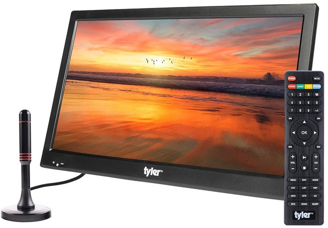 타일러 16인치 휴대용 TV LCD 모니터 배터리 구동 무선 기능 HD-TV HDMI USB RCA AC/DC FM 라디오 자동차 충전기 리모컨 자동차 및 여행용