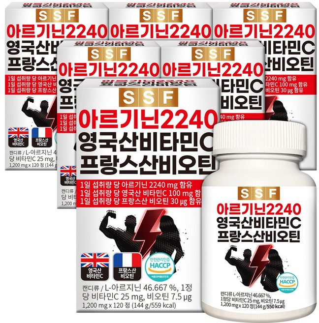 순수식품 고함량 L-아르기닌 2240mg 타우린 바티민씨, 120정, 6개