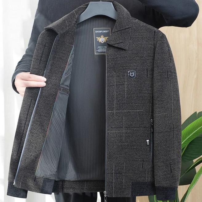 봄 가을 중년 남성 자켓 클래식 체크 패턴 칼라 양털 혼합 소재 자켓 JS