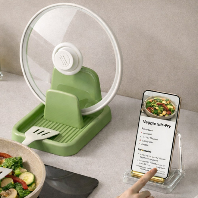 앙플러스 프리미엄 3in1 냄비뚜껑 거치대 조리도구 받침대 정리함 정리대, 1개, 그린