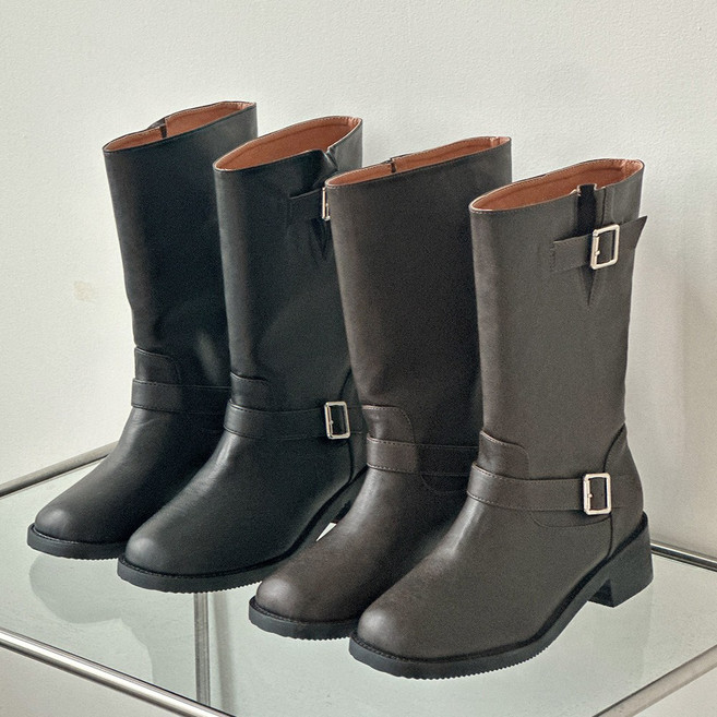 플라틴베이지 투 버클 스트랩 스퀘어토 미들 부츠 여성 웨스턴 바이커 부츠 (발편한/청바지코디)