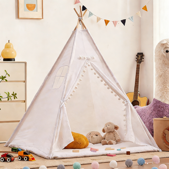 스타일닥터 인디언 놀이 텐트 원목 린넨 삼각형 플레이 하우스 동물 패턴 인스타 감성 실내 인테리어 세탁 가능, 1개, 흰색