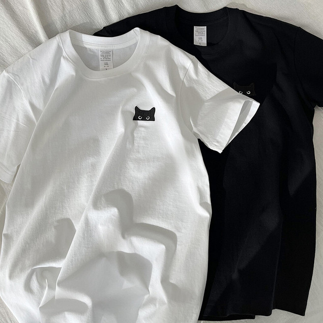 티레오 남녀공용 반팔티셔츠 빅사이즈 라운드넥 커플용 귀여운 고양이 오버핏 순면 40수 고중량 자수