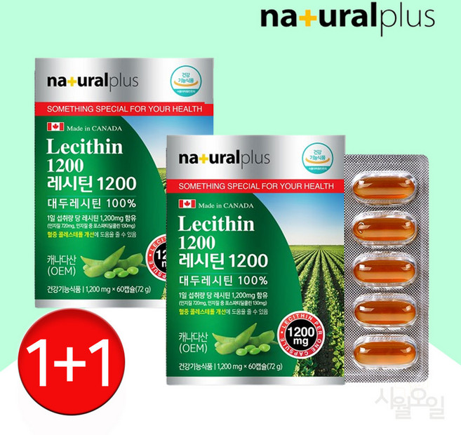 내츄럴플러스 - 레시틴1200 1200mg x 60캡슐 대두레시틴100% 인지질60% 식물성인지질 캐나다직수입, 2개