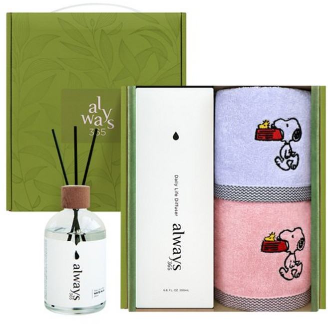 스누피 블럭블랙 고리수건 2장+디퓨저1개 선물세트, 회색, 색상:회색 / 디퓨저:레드체리, 1개