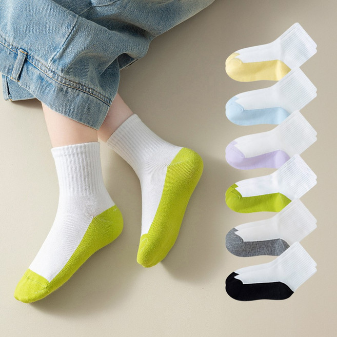 [6족1세트] 알앤엘 아동 공용 배색 중목 양말 여아 남아 초등학생 양말 3~12세