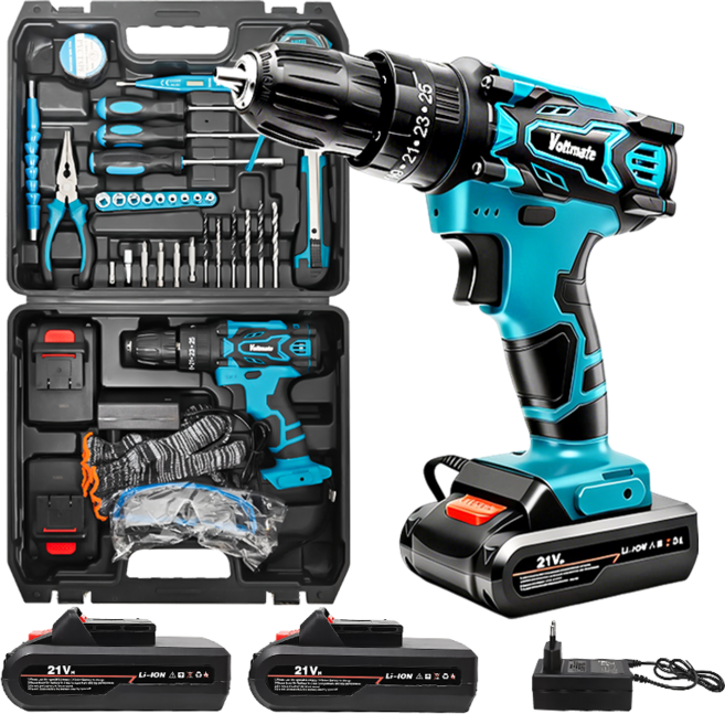 VoltMate 2026 독일 21V 전기드릴 LED 25단 토크조절 듀얼 속도 4종 모드 2000mah 듀얼 배터리 33종 멀티 세트, 1세트