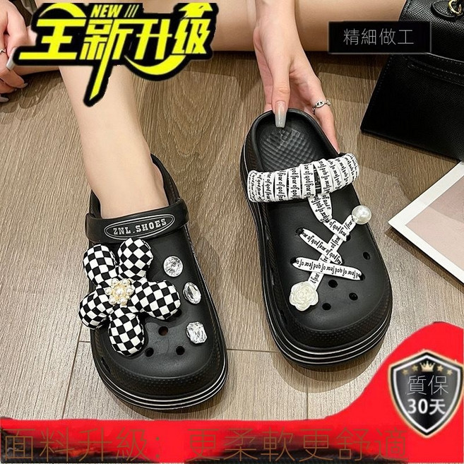 ZNL SHOES 蝴蝶結可愛洞洞鞋女厚底防滑涼拖鞋, 黑色, EVA 升級款, 36-37