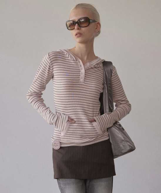 SCULPTOR Knitted Stripe Hoodie PinkBrown