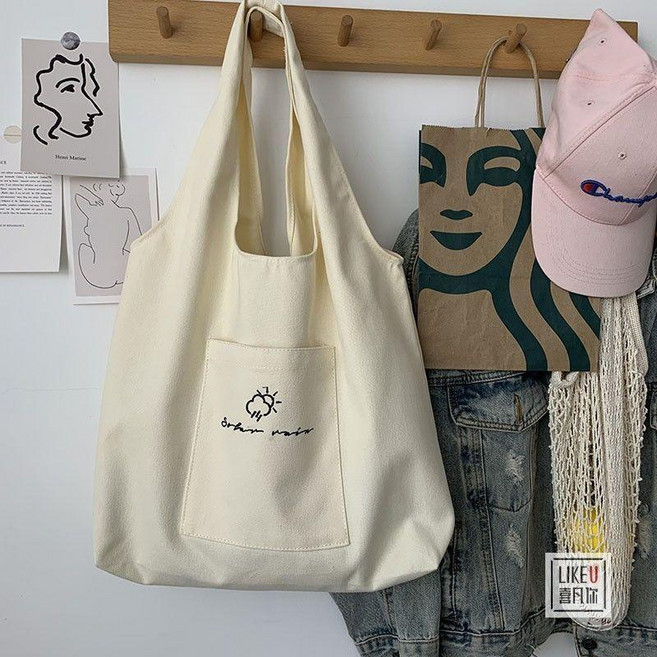 日式帆佈包 原創刺繡 慵懶 ins 風 手拎單肩 環保購物袋 學生書包 日式帆佈包 大容量 百搭通勤 女款