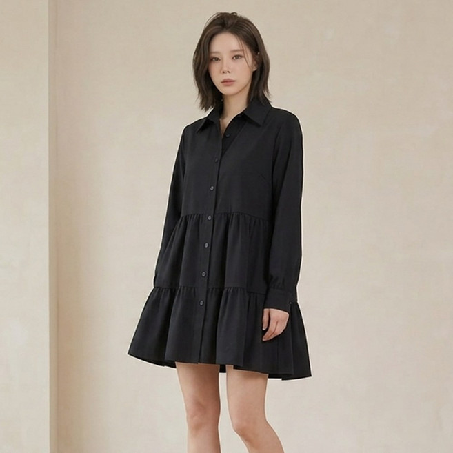 오브나인 긴소매 셔츠 카라 캉캉 미니 원피스 (2color)+델로나
