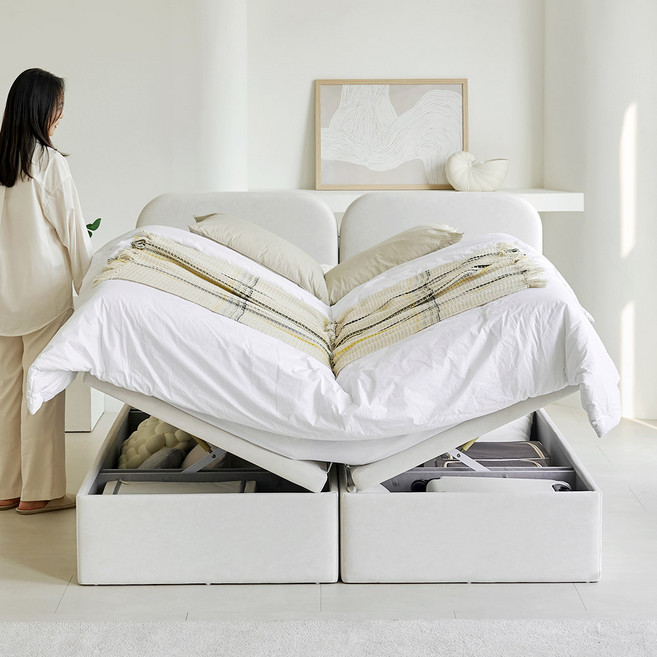 아씨방가구 플랜스 트윈 부부 패브릭 수납 호텔 리프트업 침대 K, 아이보리, 침대프레임+지퍼형 알러지케어 매트