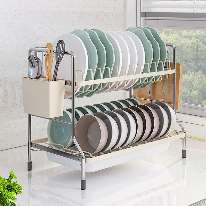 자동 물빠짐 식기건조대 대용량 다기능 설거지 정리대, 1개, 화이트40cm, 2단