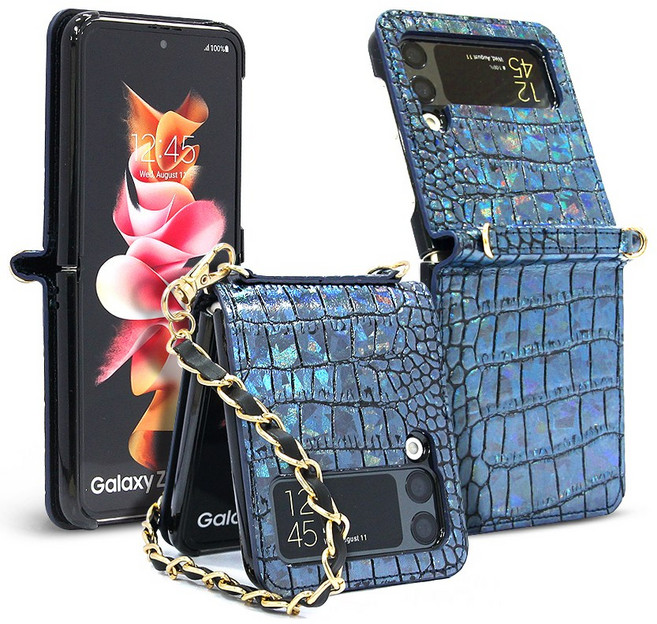 갤럭시Z플립 소베크 심플한 컬러 고급 가죽 커버 케이스 + 가죽체인 손목줄 스트랩