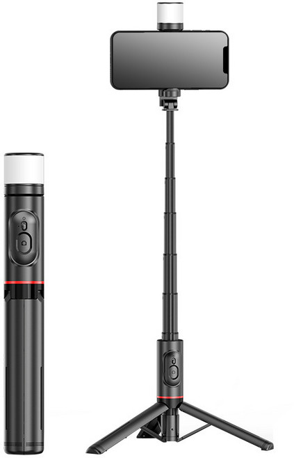 三腳架 輕巧便攜 一體隱藏式設計 多角度旋轉, 黑色, 1個, Q12S 一體式補光燈 遙控自拍棒