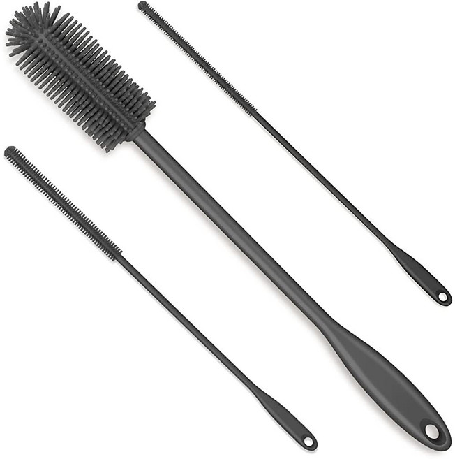 Purtribe 3-in-1 실리콘 병 브러시 및 빨대 클리닝 세트 좁은 목 용기 텀블러 플라스크 꽃병 유리 제품용 물병 클리너차콜 125825, 차콜