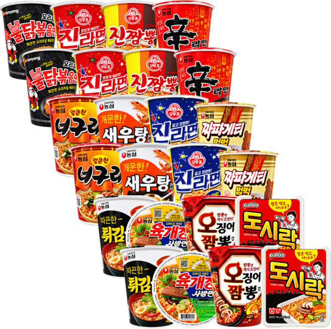 농심 오뚜기 팔도 삼양 컵 라면 24입 (불닭볶음면 진라면매운맛 진짬뽕 신라면 너구리 새우탕 진라면순한맛 짜파게티 튀김우동 육개장사발면 오징어짬뽕 팔도도시락), 24개