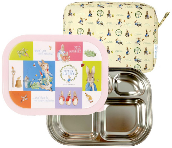 피터래빗 밀폐형 식판 도시락 + 주머니 세트, 핑크, 식판 + 뚜껑 + 주머니, 1개