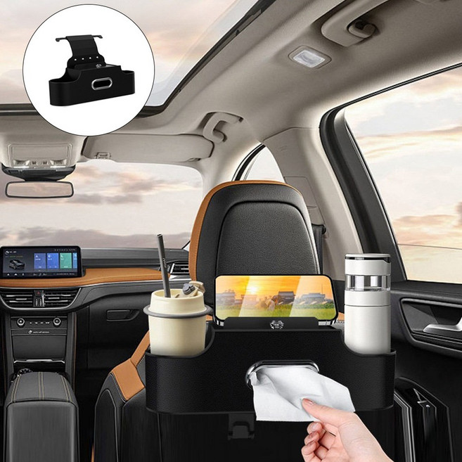 차량 뒷좌석 수납 트레이 컵홀더 인조가죽 더블후크 휴대폰거치, 블랙, 1개