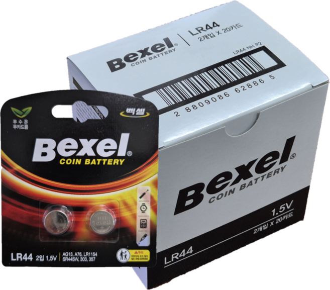 [대용량] 벡셀 코인셀 COIN BATTERY LR44/A76/357A/AG13 (2알 20카드/바코드 고리형), 1박스, 20세트
