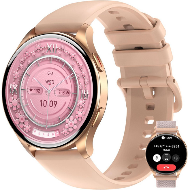 IOWODO W40 스마트워치 1.43" 아몰레드 올웨이즈온 디스플레이 메탈 프레임 저전력 칩 IP68 방수 한글판 발렌타인데이 선물, 블루투스, 4.5cm, 골든