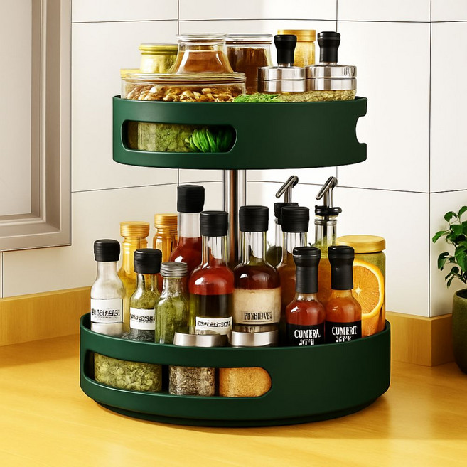 회전 트레이 2단 다용도 정리 양념통 주방 화장품 영양제 수납, 그린, 1개