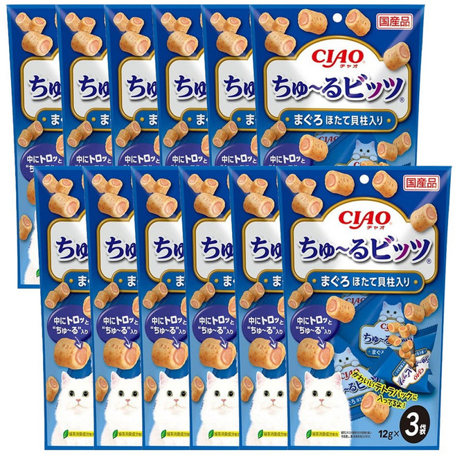 [CS-172] 이나바 츄르비츠 참치&가리비 3p 12개묶음 고양이 기호성 좋은 간식, 혼합맛(참치/가리비관자), 36g, 12개