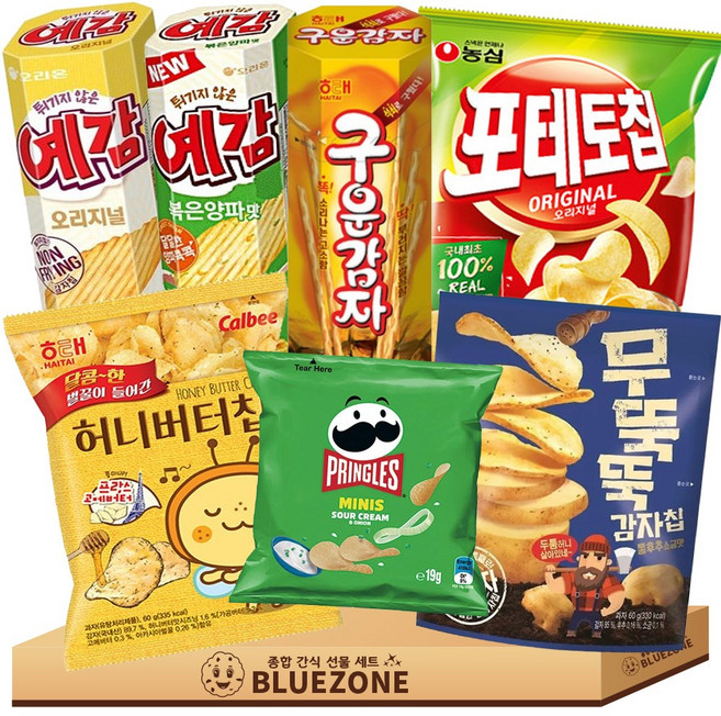 [블루존] 감자 과자 세트 프링글스 어니언19g 구운감자27g 예감 오리지널64g 볶음양파64g 허니버터칩60g 포테토칩60g 무뚝뚝감자칩60g, 1박스, 혼합