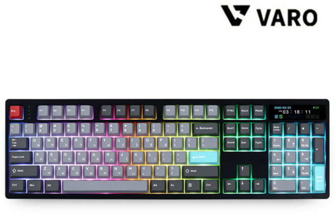 VARO V104L FULL LCD 유무선 기계식 키보드 풀배열 사무용 키보드 (블랙 저소음 민트축), 블랙, 저소음 민트축