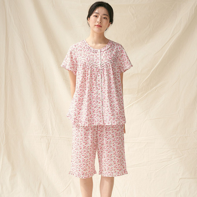메이플라워 빨간잔꽃 반팔 순면 여성 빅사이즈 잠옷 홈웨어 세트