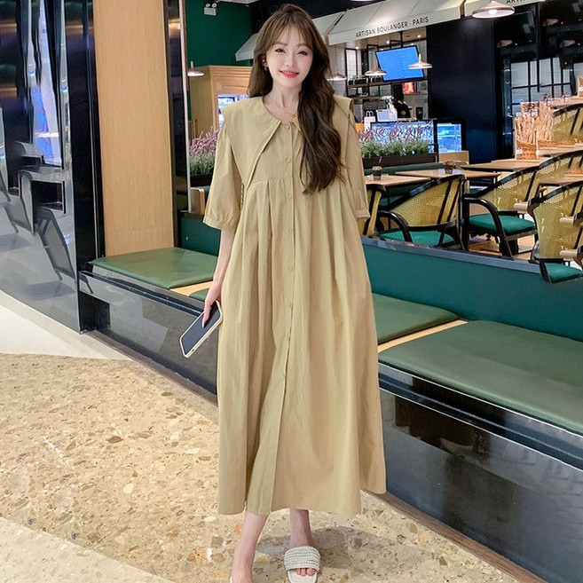 加大碼女夏裝 寬鬆顯瘦法式系扣荷葉領長款連衣裙, 4XL建议125.0-150.0公斤