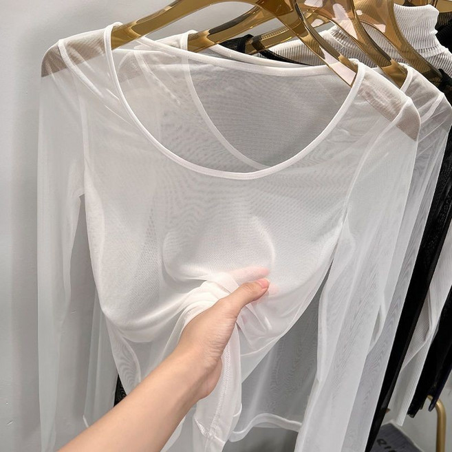 網紗打底衫 透明薄紗 低領 透氣防曬