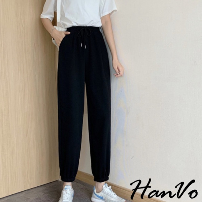 HanVo 率性休閒鋪棉束口哈倫棉褲 刷毛運動長褲