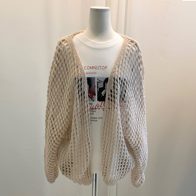 나인클로젯 네추럴 그물 니트 여성 가을 오픈 가오리 롱 가디건 벌룬 간절기 오버핏 스웨터