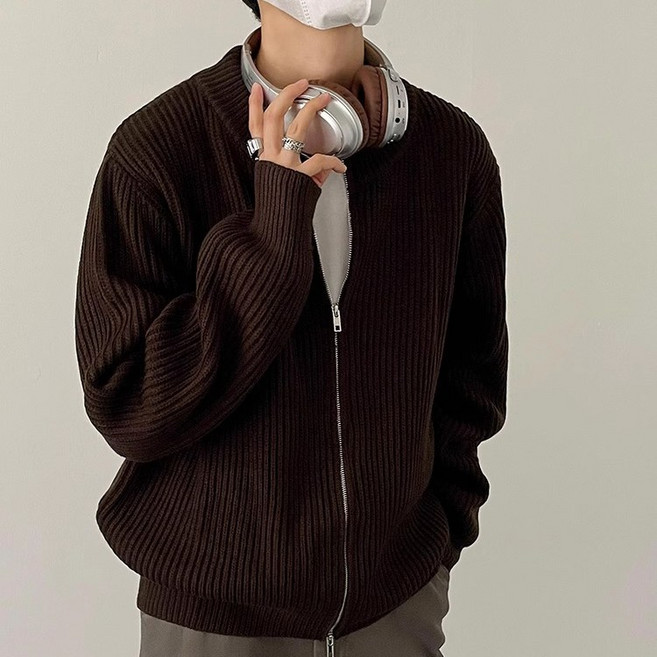 POMTOR 남성 봄가을 심플 루즈핏 집업 스웨터 가디건 코트