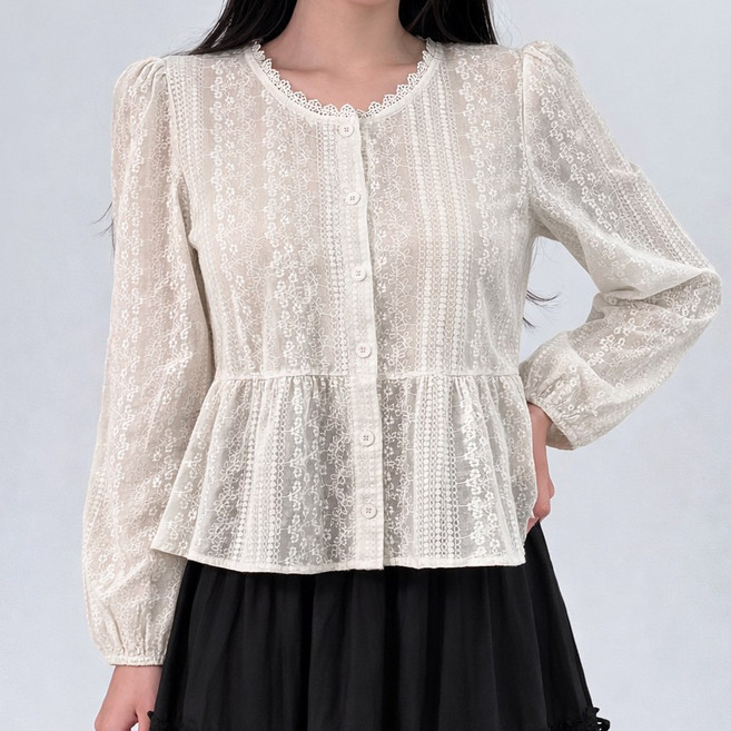 플로럴 자수 셔링 플레어 라운드넥 긴팔 블라우스