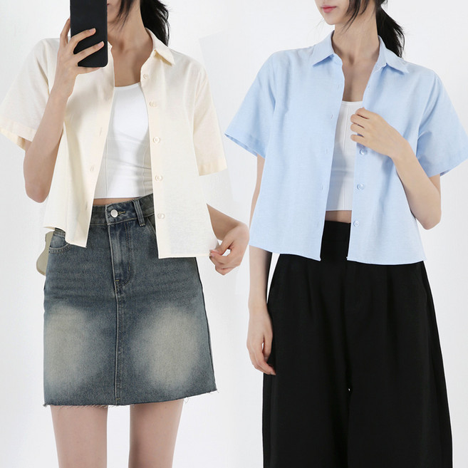 [오버나인] 여성 옥스포드 무지 크롭 반팔 셔츠