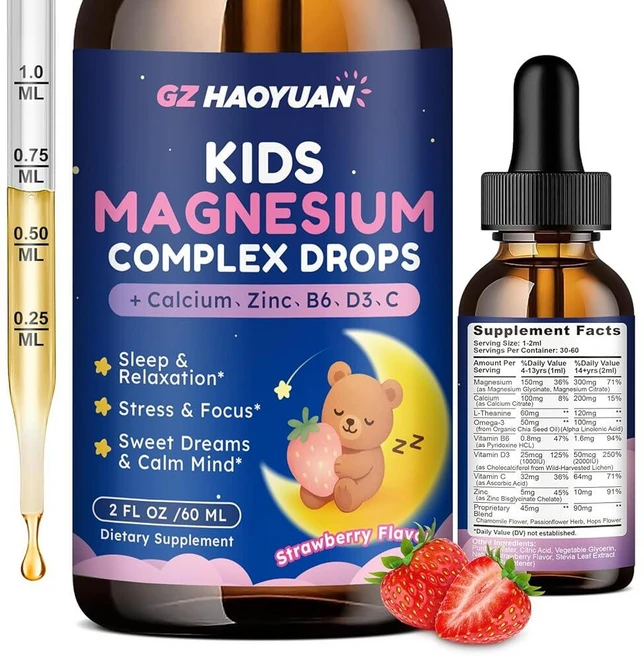 아동용 마그네슘 복합체 액체 - 글리시네이트 말레이트 타우레이트 칼슘이 함유된 구연산염 오메가-3 L-테아닌 아연 비타민 B6 D3 C 수면 휴식 진정 및 집, 2 액량온스 (1팩), 1개, 60ml - 쿠팡