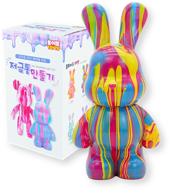 DIY 푸어링 아트 키트 플루이드 베어 래빗 피규어 저금통 만들기 세트, 래빗_옐로 딥핑크 스카이블루