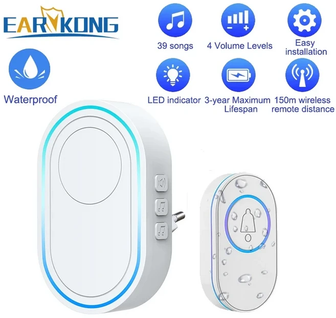 방수 무선 초인종 홈 환영 스마트 도어 벨 300m 원격 차임 EU 플러그 옵션, 01 미국 플러그, 01 A