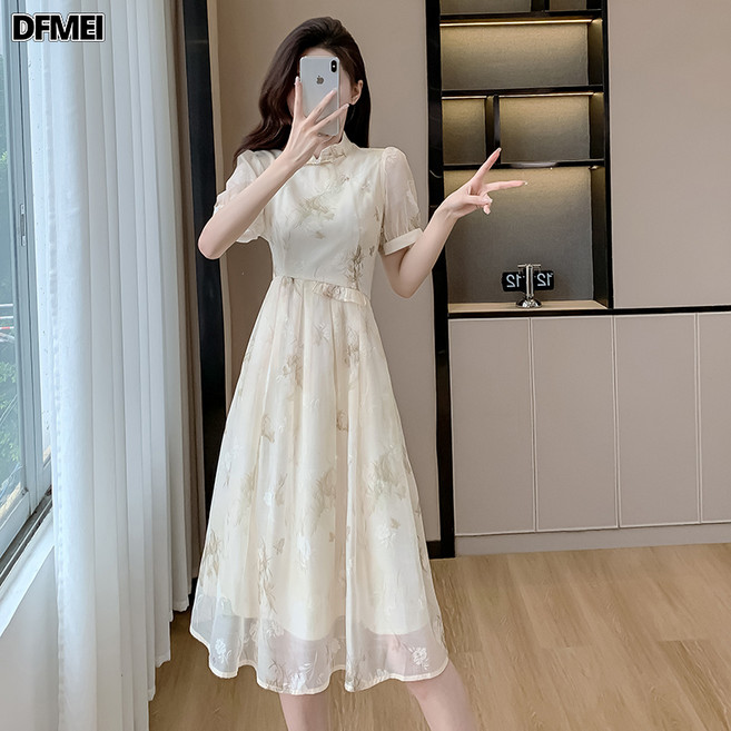 DFMEI 新中式改良連衣裙女夏季新款女裝收腰國風旗袍A字裙短袖裙子