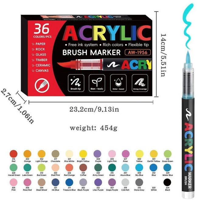 ACRYLIC 丙烯毛筆馬克筆 學生美術專用 無毒水洗, 1個, 【升級品質】36色套裝/精準控墨/免按壓